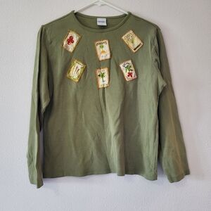 Old Navy Olive Green Long-Sleeve Tee with Embroidered Seed Patch Accents
